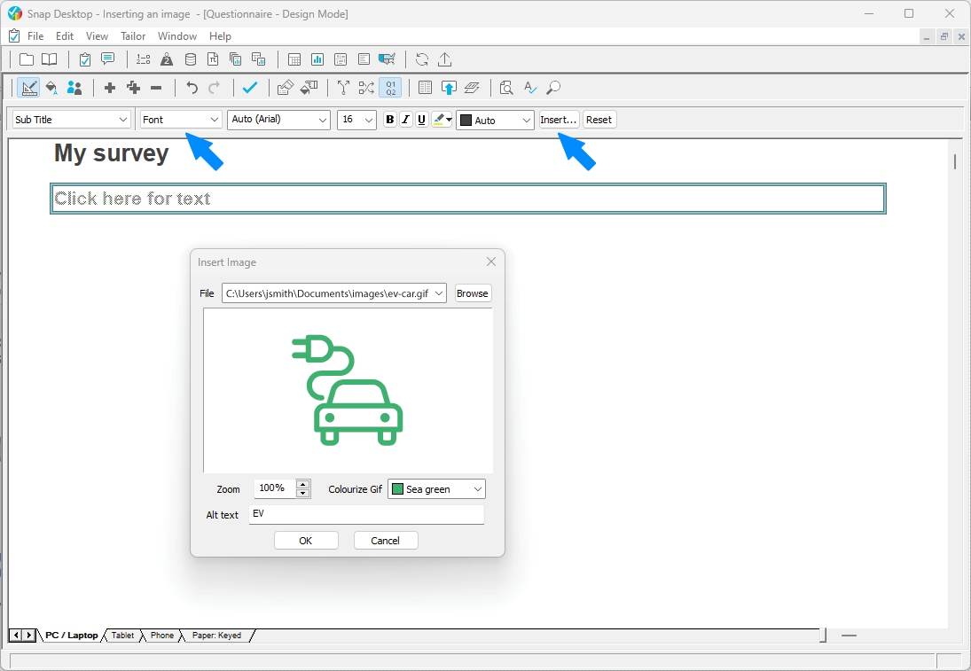 Screenshot: Inserting an image into Snap XMP Desktop