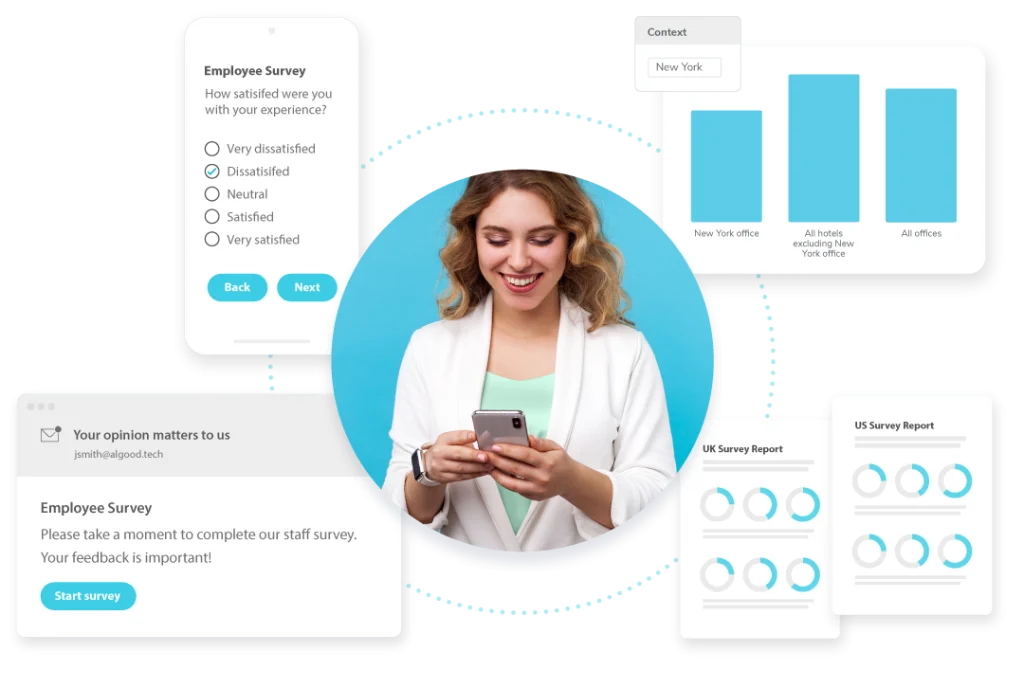 Young professional woman using smartphone surrounded by illustrations of the survey creation and analysis process.