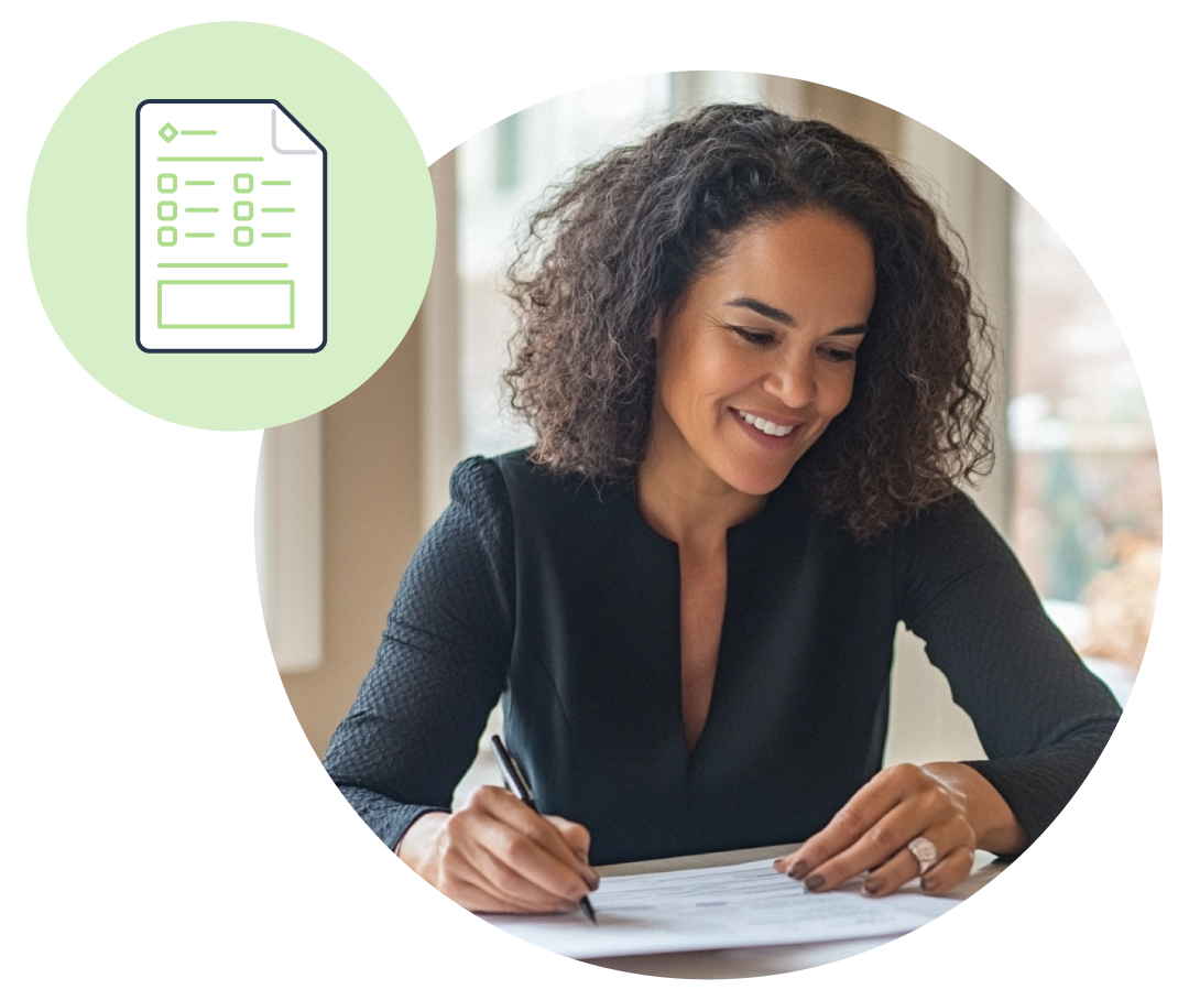 Woman completing paper survey at desk.